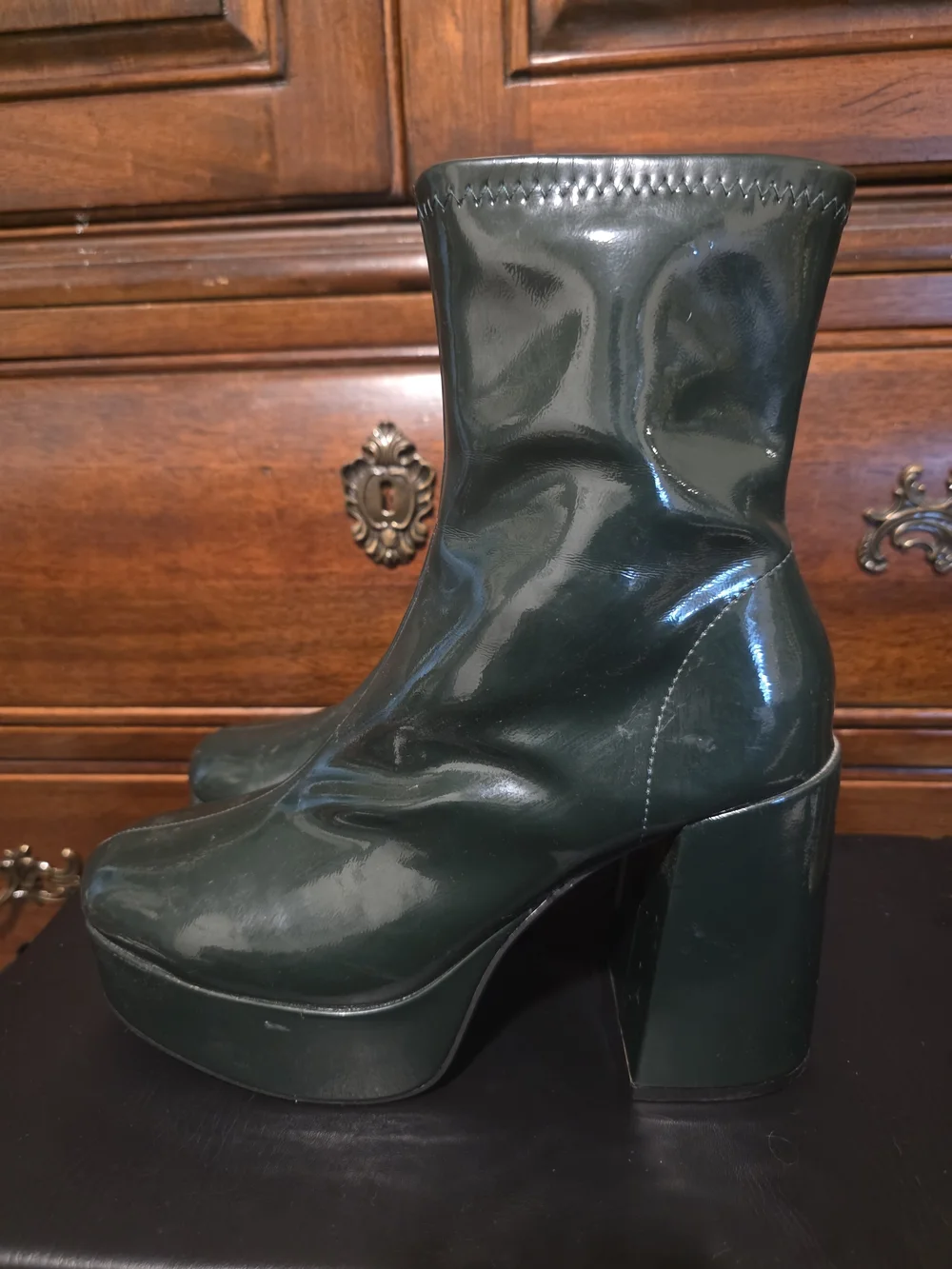 Dark Green Patent Platform Ankle Boots - Women's